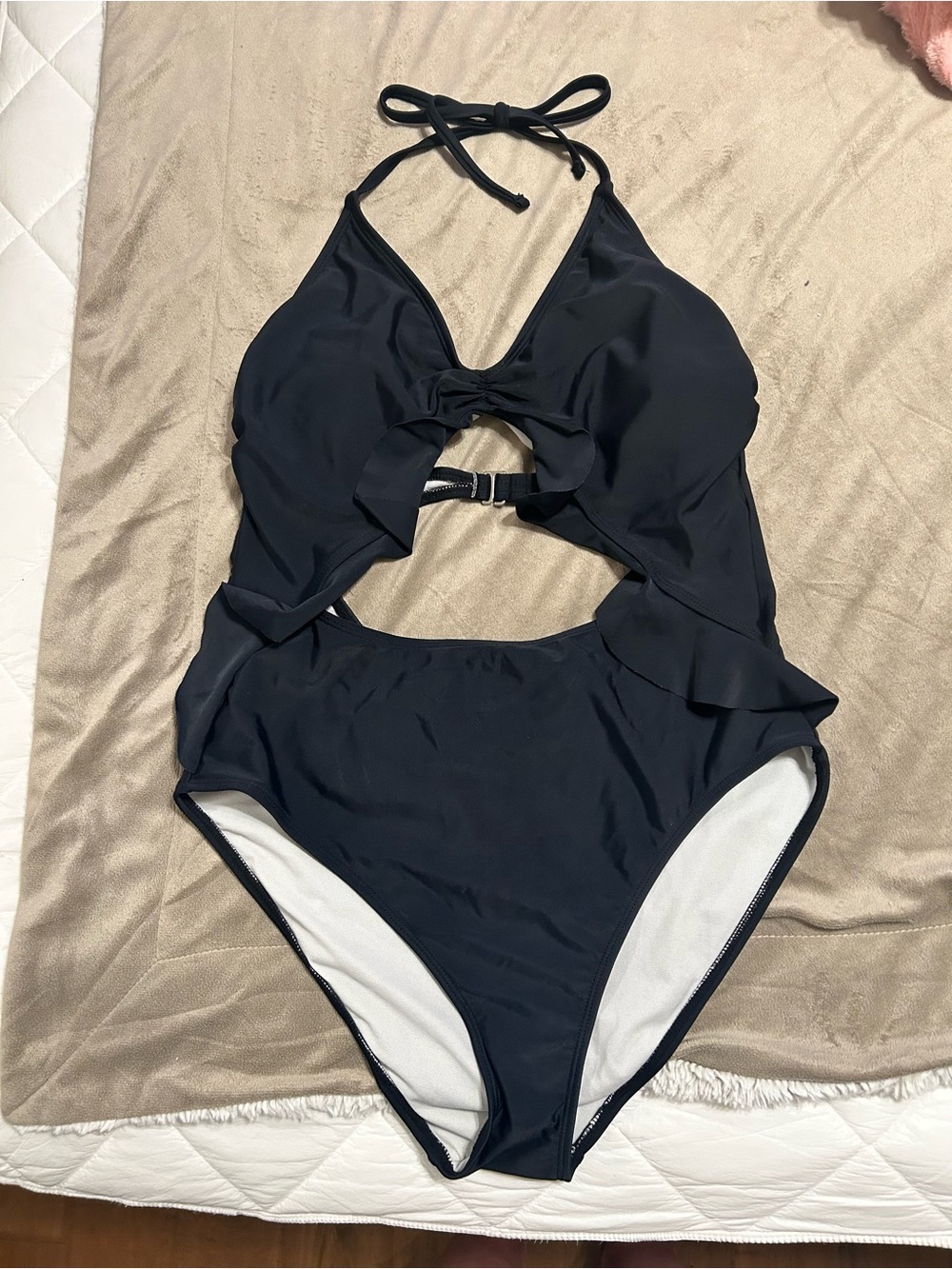 Women’s Black Ruffle Cutout One-Piece Swimsuit size L